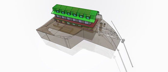 Auf dem Bild ist eine 3D Grafik eines ganzen Gebäudes zu sehen.